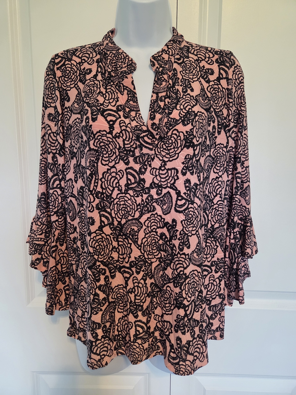 Pink Floral-Print V-Neck Blouse with Ruffle Sleeves